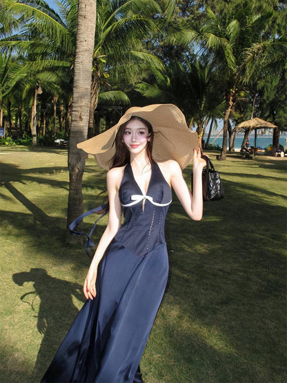 French Blue Halter Maxi Dress V-neck Cutout Bow-tie Backless Beach Dress