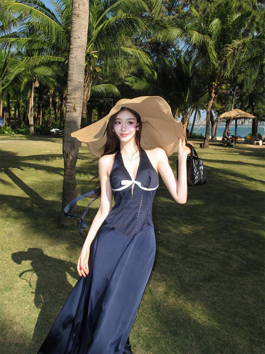 French Blue Halter Maxi Dress V-neck Cutout Bow-tie Backless Beach Dress