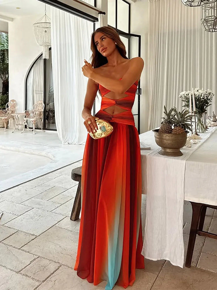 Gradient Hollow Pleated Maxi Dress