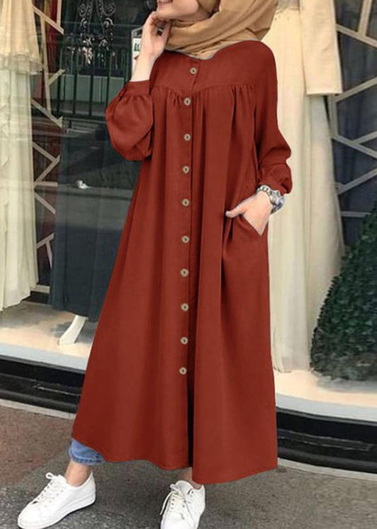 Button Front Ruched Short Sleeve Crew Neck Maxi Dress Orange Lc0045