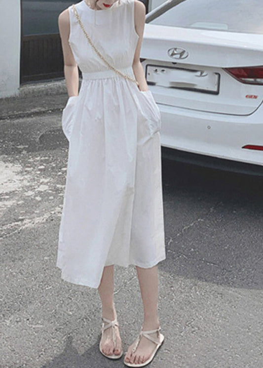Button Pocket Drawstring Show Waist Sleeveless Maxi Dress Lc0034