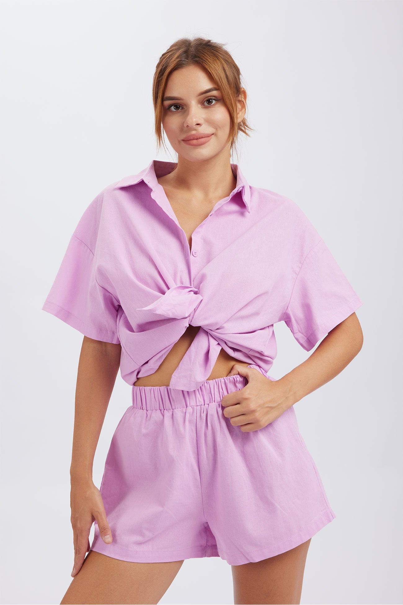 Button Through Drop Shoulder Shirt Shorts Set