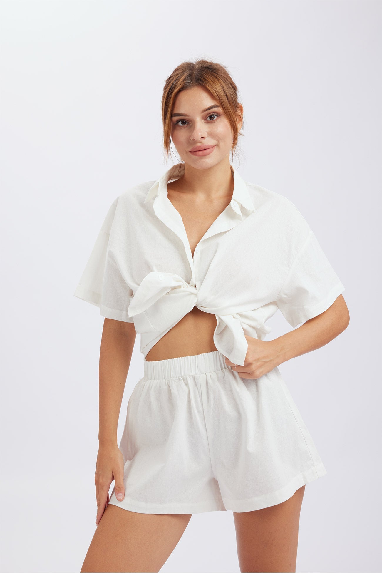 Button Through Drop Shoulder Shirt Shorts Set