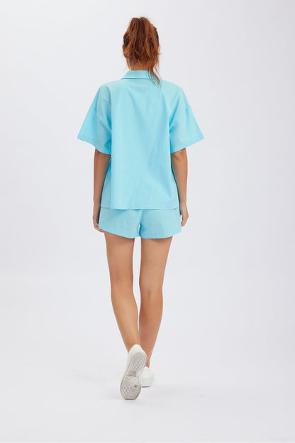 Button Through Drop Shoulder Shirt Shorts Set