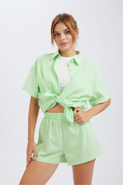 Button Through Drop Shoulder Shirt Shorts Set