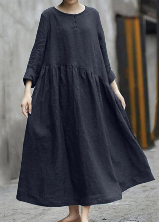 Color Black Cotton Linen Long Sleeve Swing Long Dress Lc0008