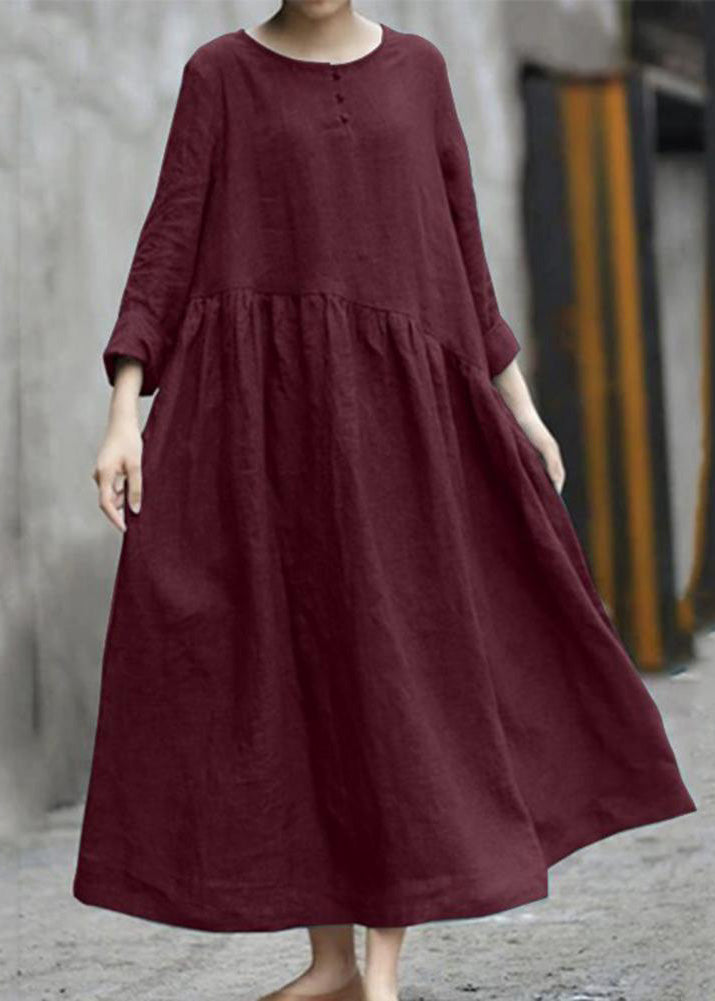 Color Black Cotton Linen Long Sleeve Swing Long Dress Lc0008