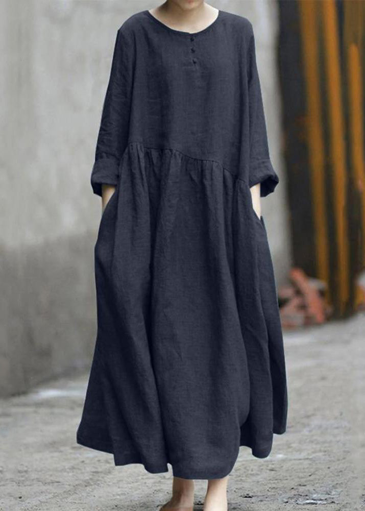 Color Black Cotton Linen Long Sleeve Swing Long Dress Lc0008