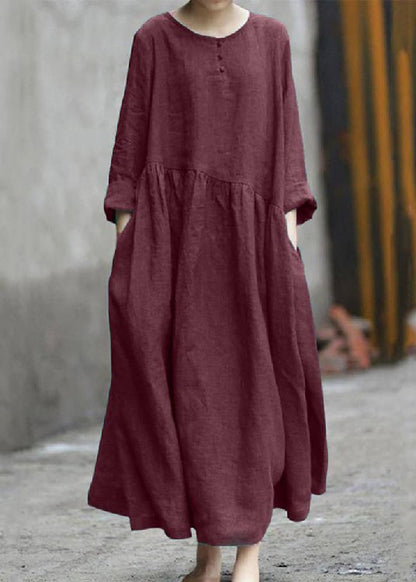 Color Black Cotton Linen Long Sleeve Swing Long Dress Lc0008