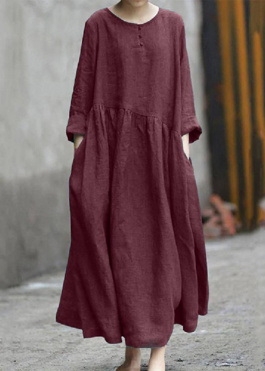 Color Black Cotton Linen Long Sleeve Swing Long Dress Lc0008