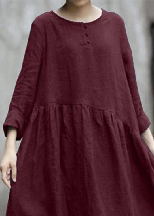 Color Black Cotton Linen Long Sleeve Swing Long Dress Lc0008