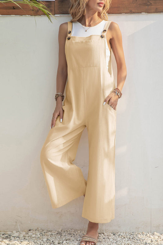 Color Button Closure Pocketed Jumpsuits