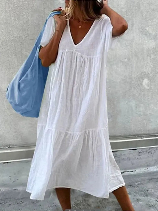 Color Cotton Linen Midi Dresses V-neck Short Sleeves Loose Dress Simple Style Lady Commuting Vestidos