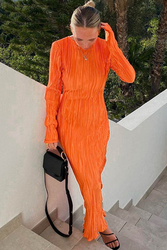 Color Crew Neck Pleated Maxi Dress