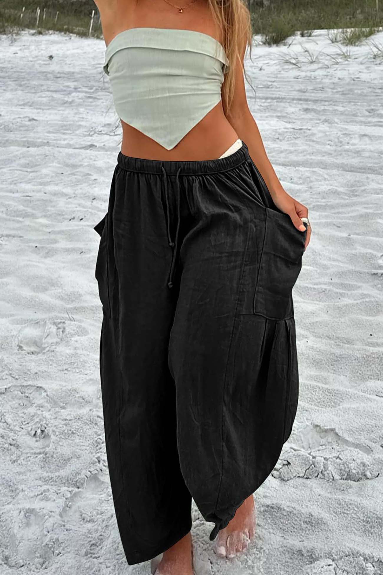 Color Drawstring Pocket Wide Leg Pants