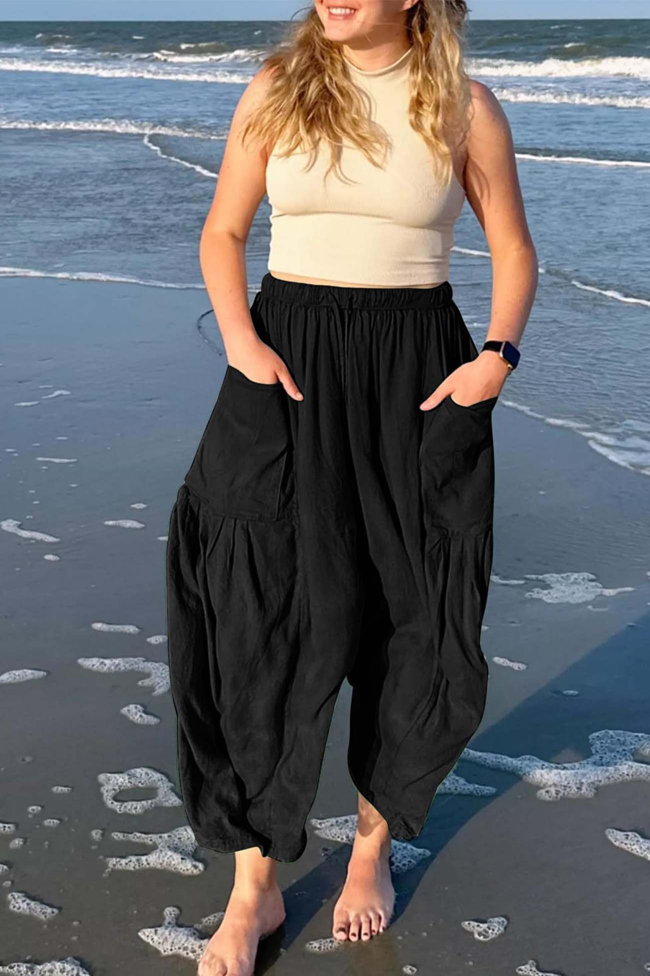 Color Drawstring Pocket Wide Leg Pants