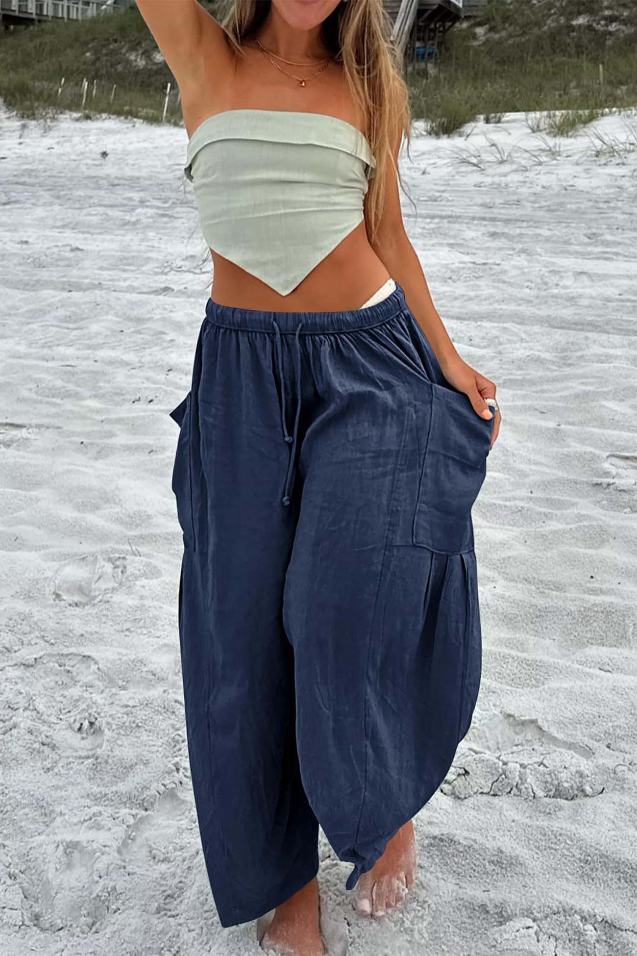 Color Drawstring Pocket Wide Leg Pants