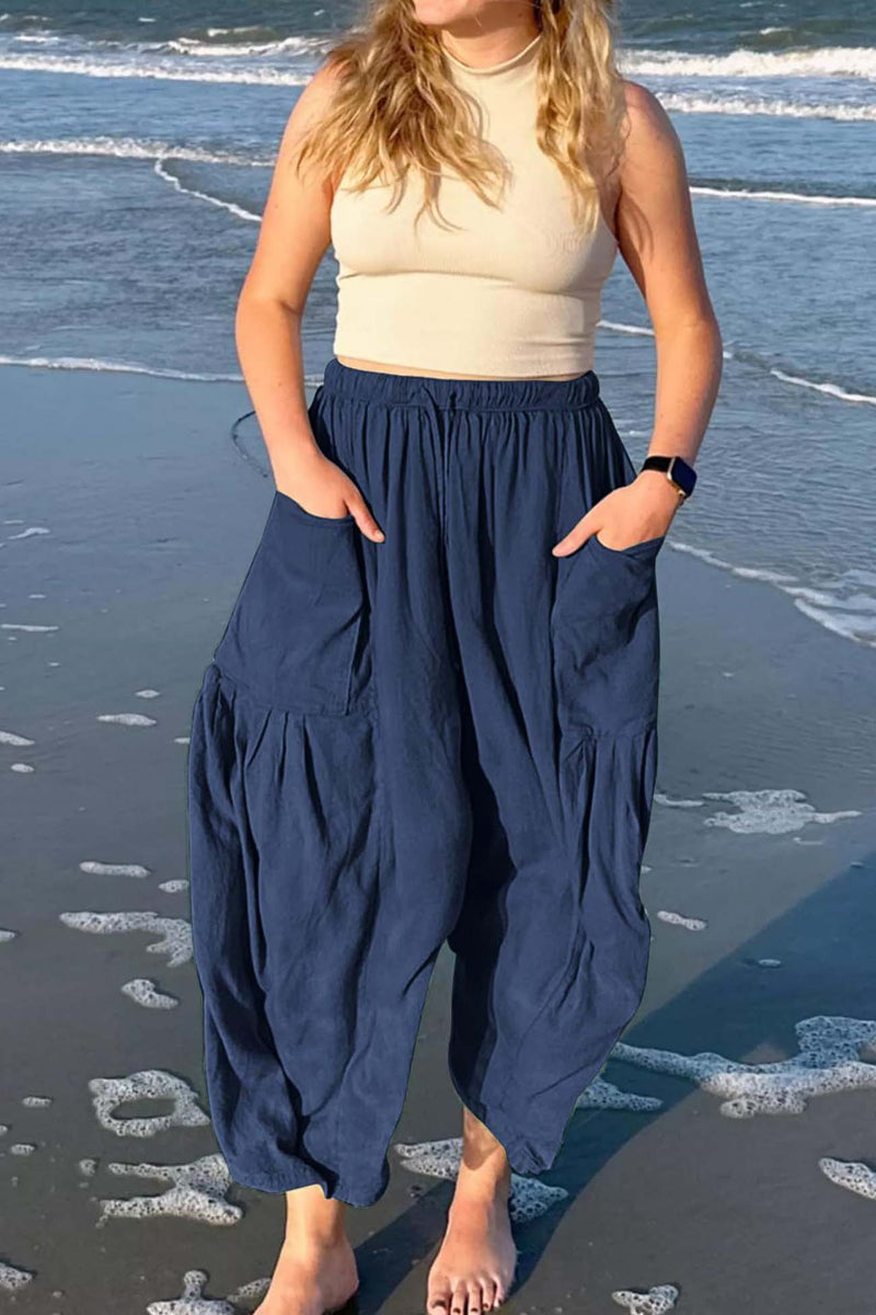 Color Drawstring Pocket Wide Leg Pants