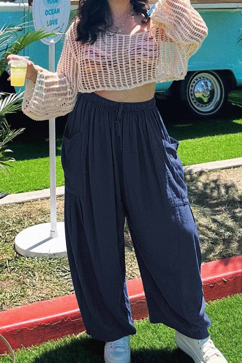 Color Drawstring Pocket Wide Leg Pants