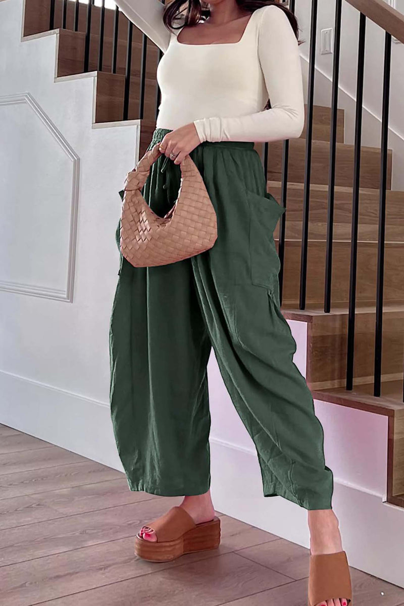 Color Drawstring Pocket Wide Leg Pants