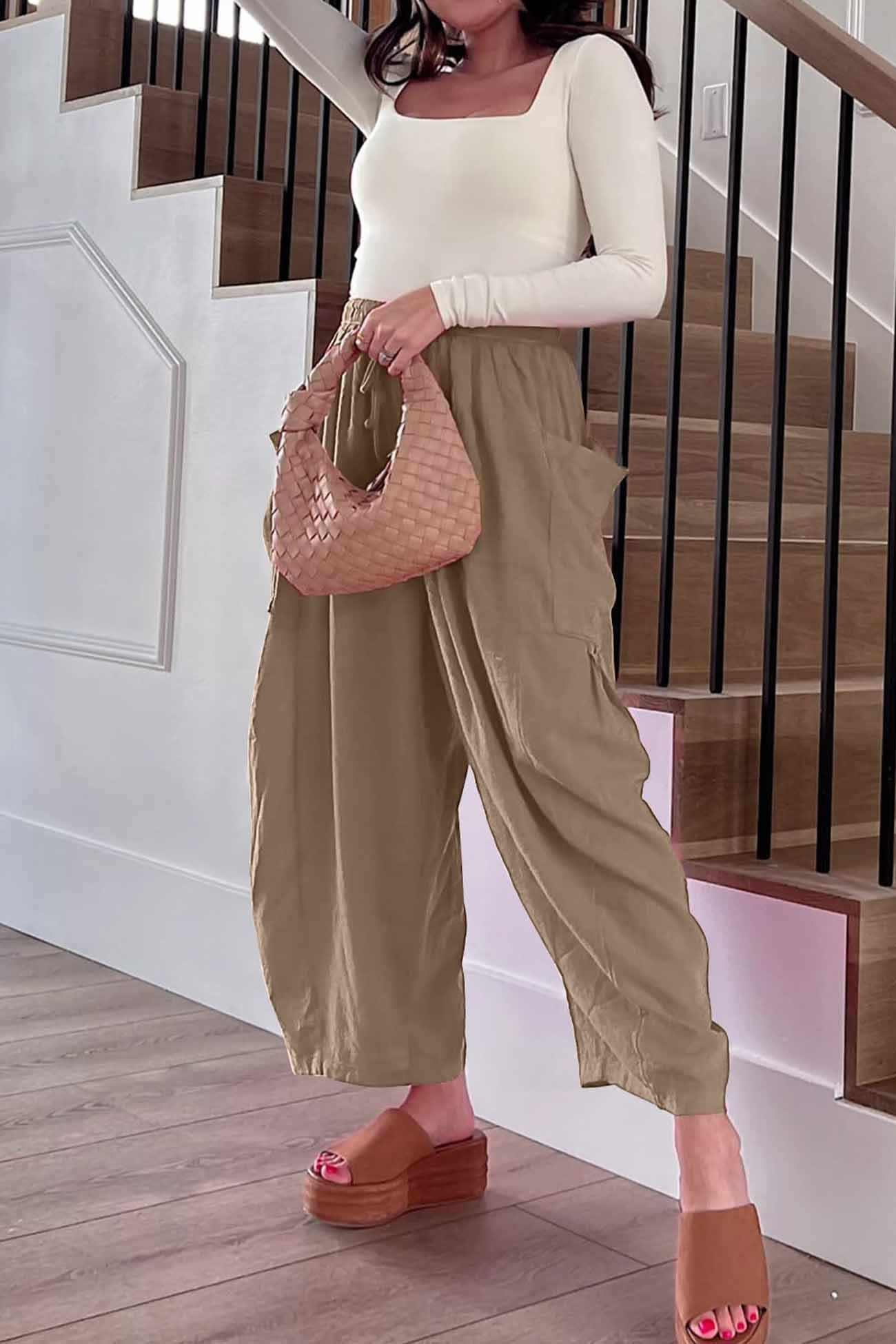 Color Drawstring Pocket Wide Leg Pants