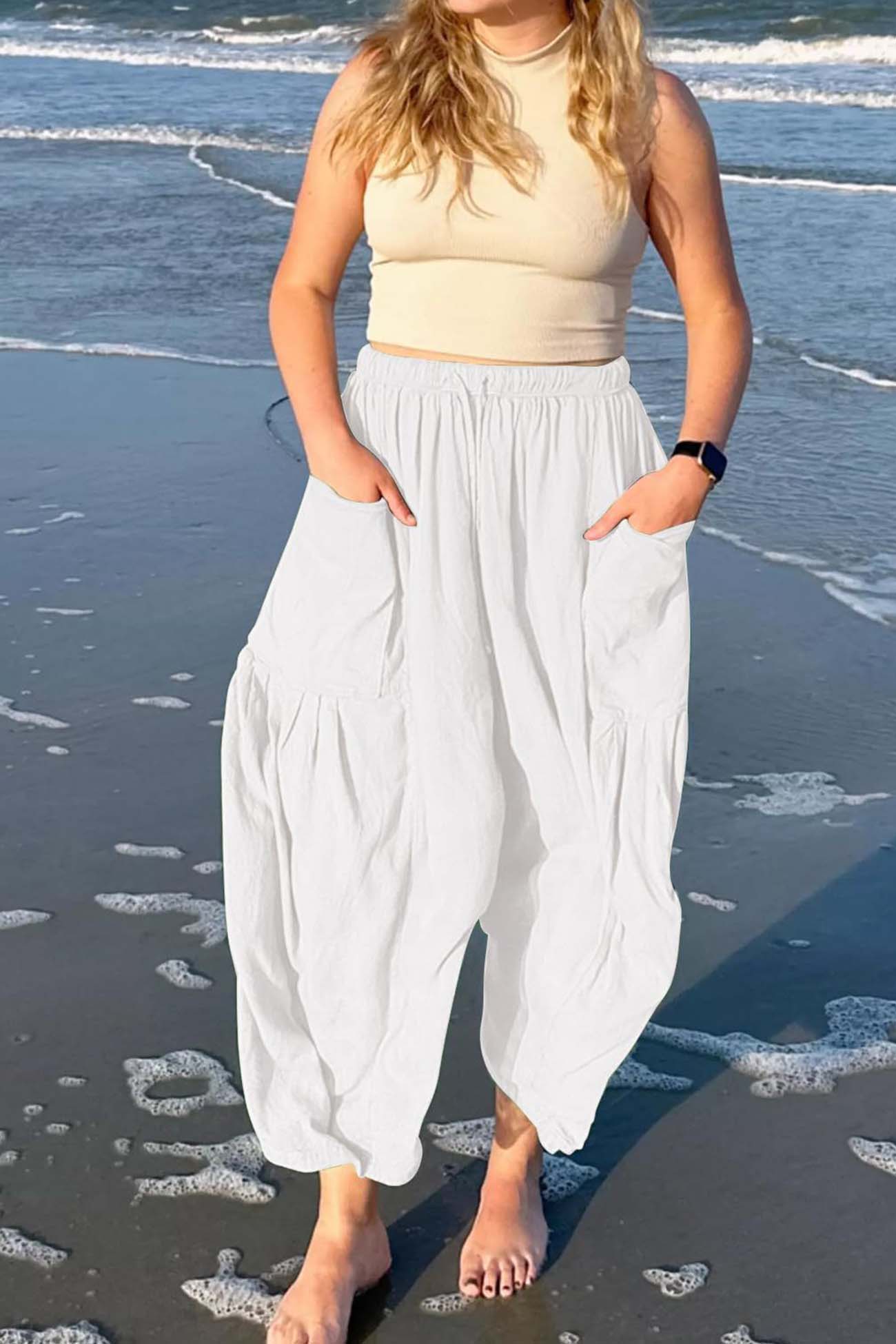 Color Drawstring Pocket Wide Leg Pants