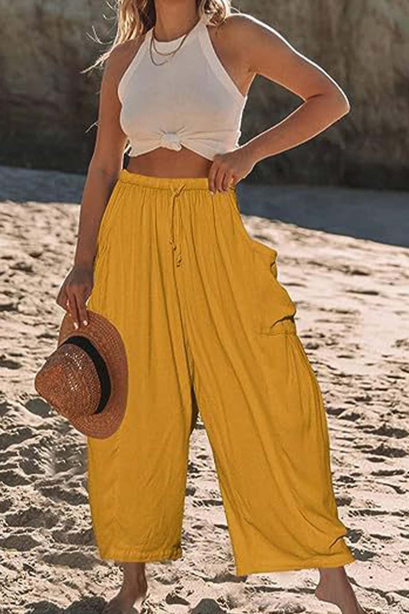 Color Drawstring Pocket Wide Leg Pants