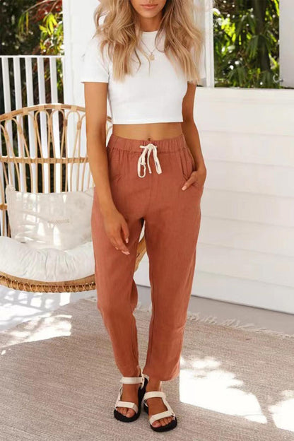 Color Elastic Waist Long Pants