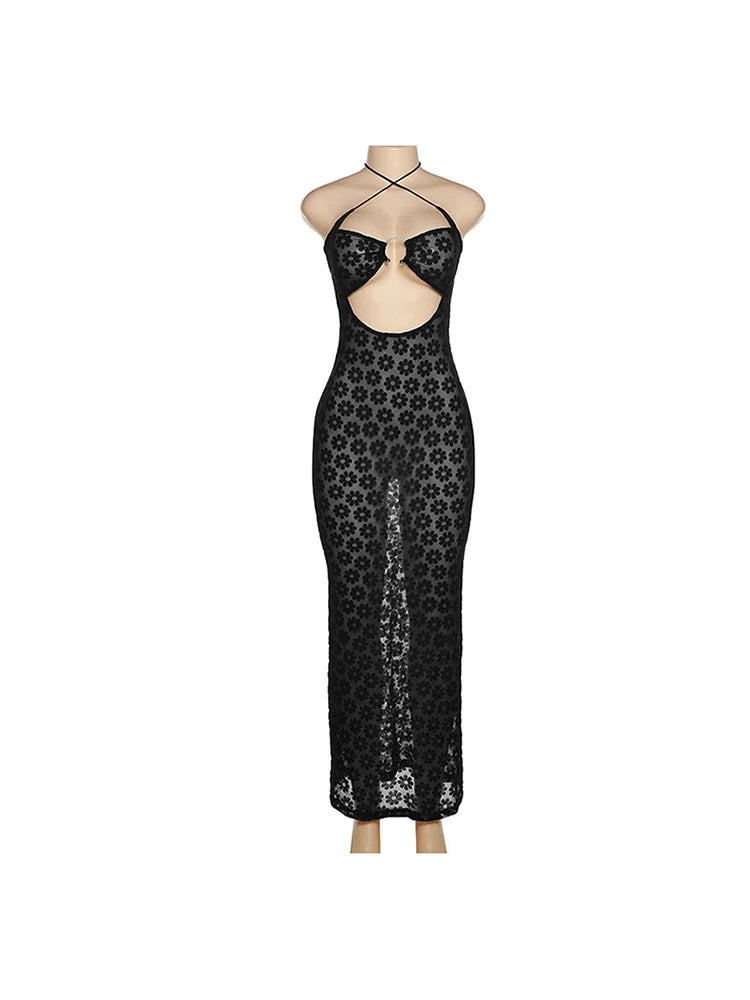 Hanging Neck Maxi Hollow Perspective Bag Hips Midi Dresses