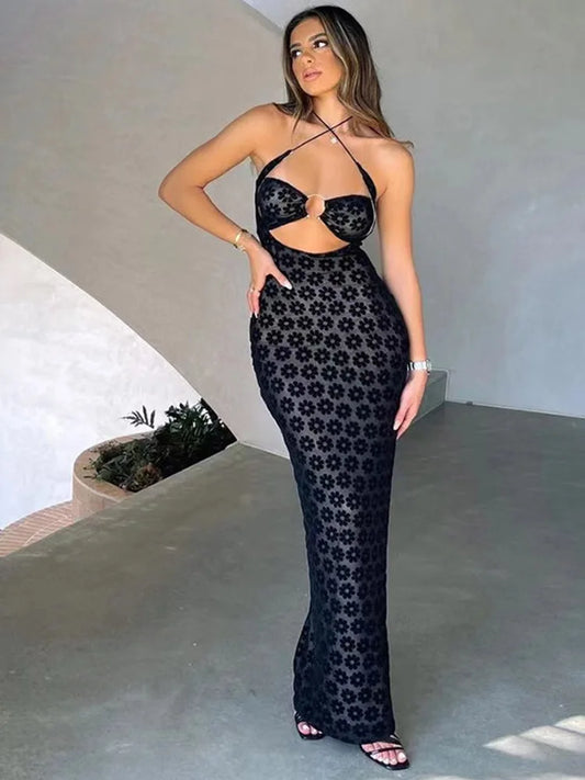 Color Hanging Neck Maxi Dress Hollow Perspective Bag Hips Robe Female Street Dresses Clothing