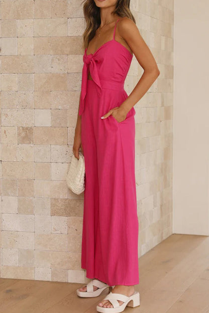 Color Knot-front Wide Leg Cami Jumpsuits