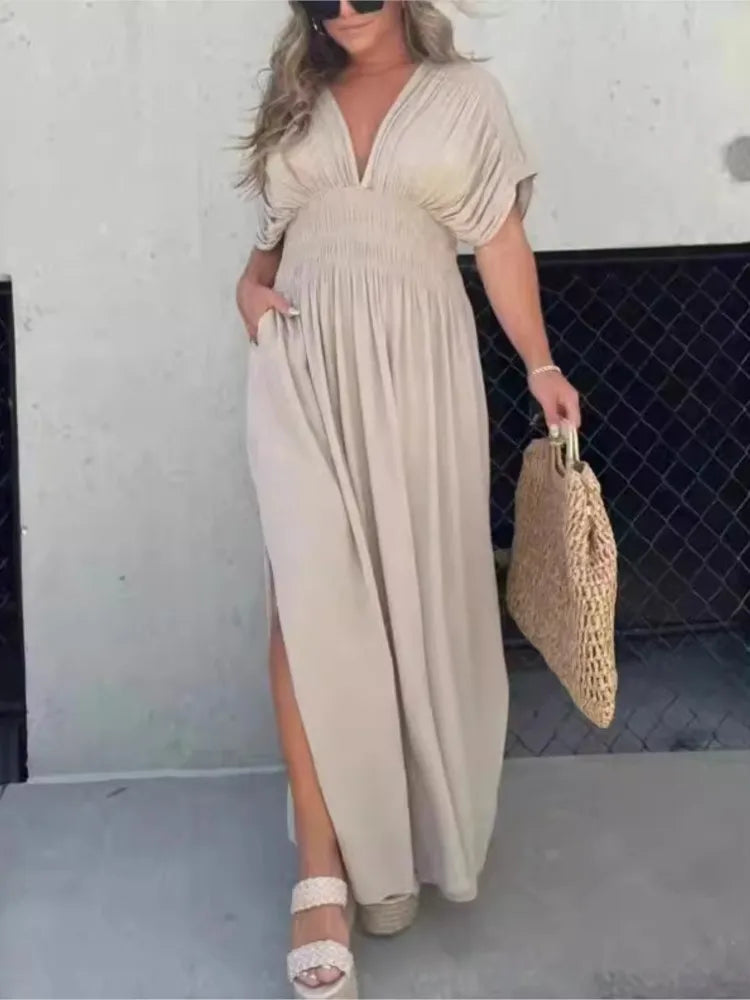 Color Long Dresses Summer New V-neck Backless Leace-up Bat Sleeve Slit Dress Beach Vacation Vestidos
