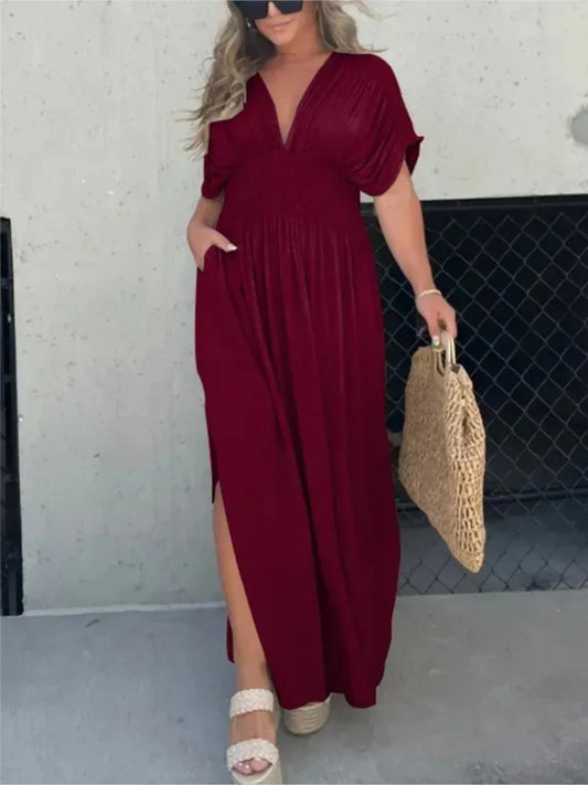Color Long Dresses Summer New V-neck Backless Leace-up Bat Sleeve Slit Dress Beach Vacation Vestidos