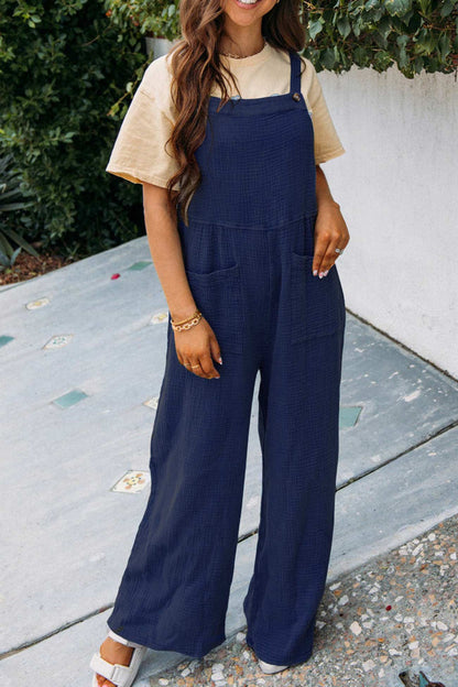 Color Pocketed Loose Jumpsuits