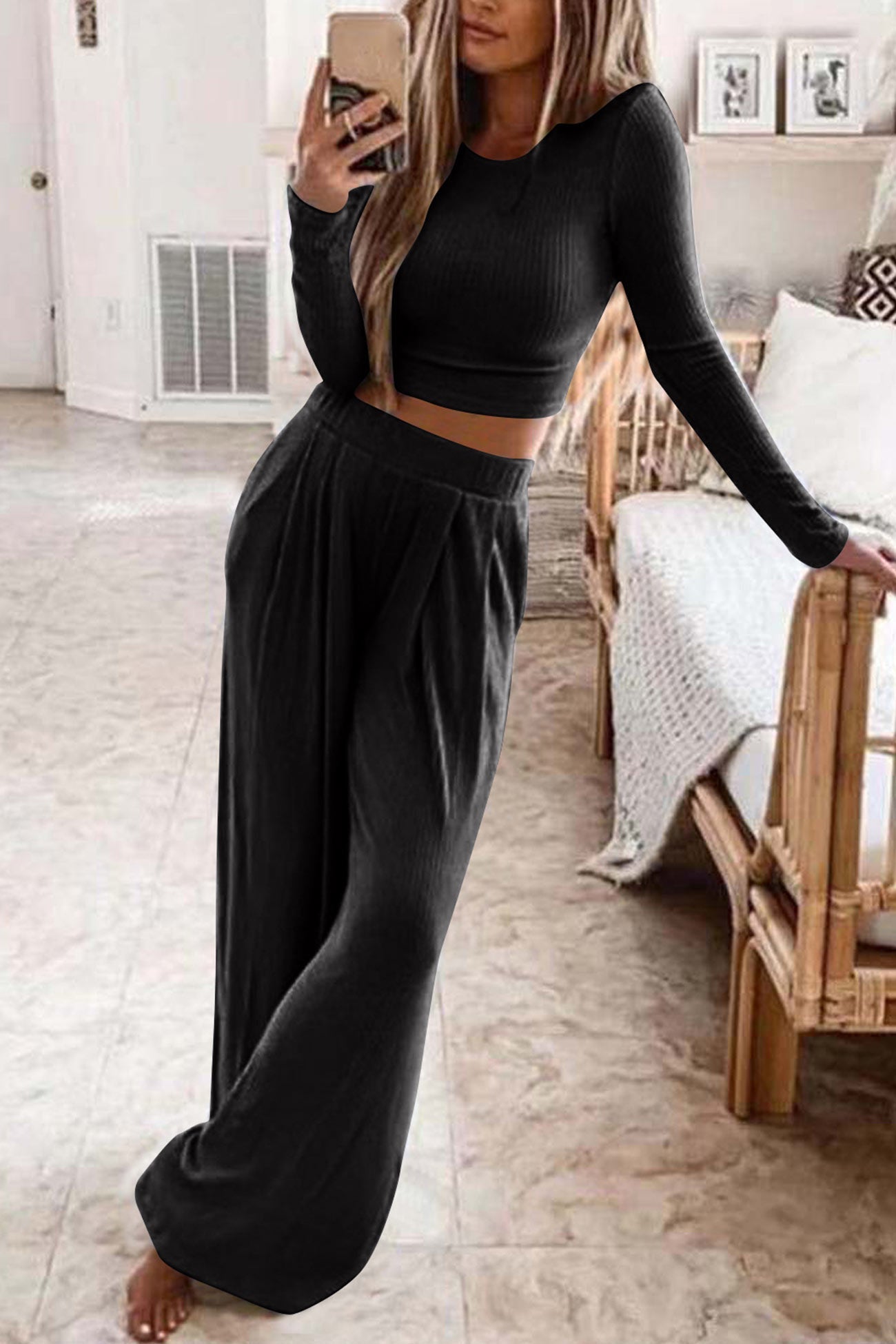 Color Ribbed Crop Top Long Pants Set