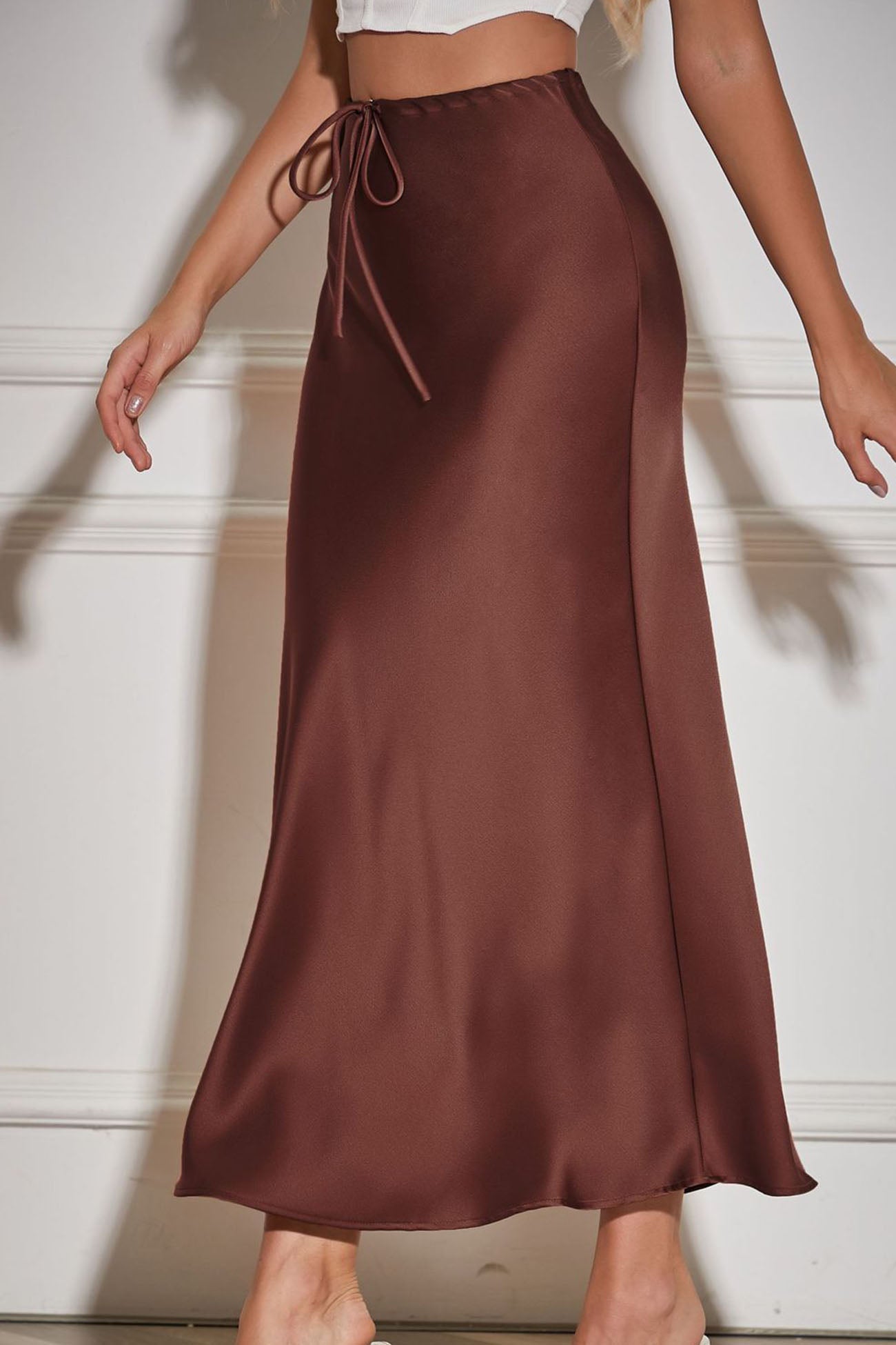 Color Satin Drawstring Midi Skirt