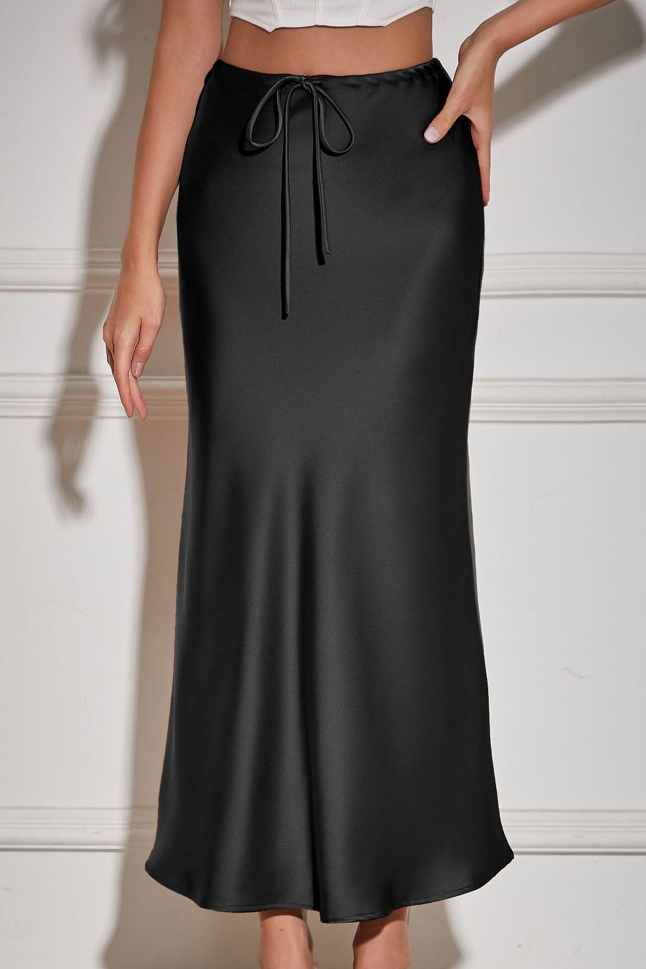 Color Satin Drawstring Midi Skirt