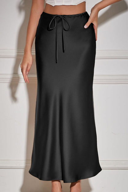 Color Satin Drawstring Midi Skirt