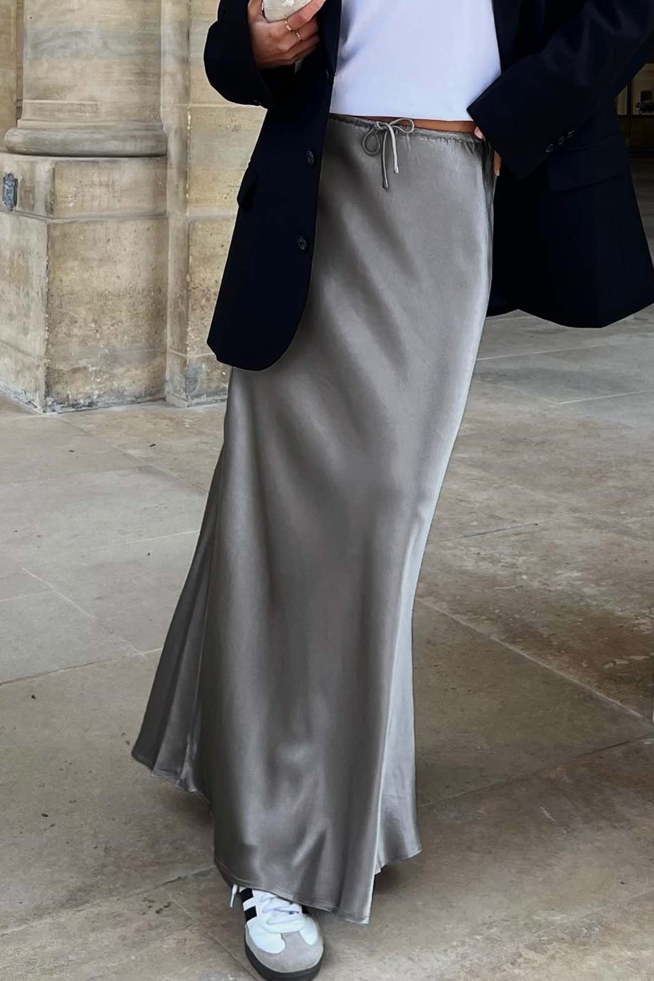 Color Satin Drawstring Midi Skirt