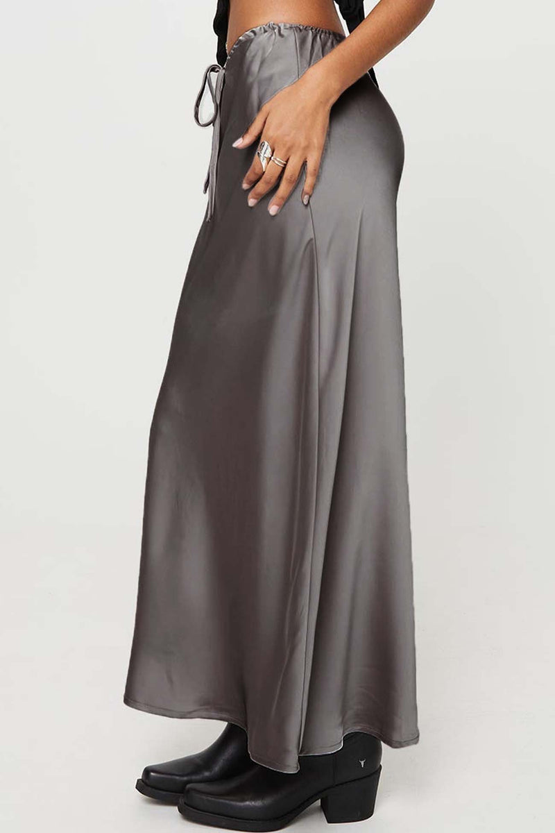 Color Satin Drawstring Midi Skirt
