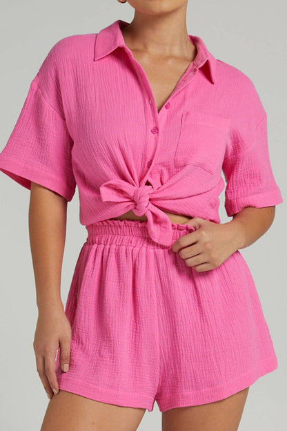 Color Short Sleeve Shirt Cotton Two-piece Shorts Set