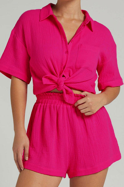 Color Short Sleeve Shirt Cotton Two-piece Shorts Set
