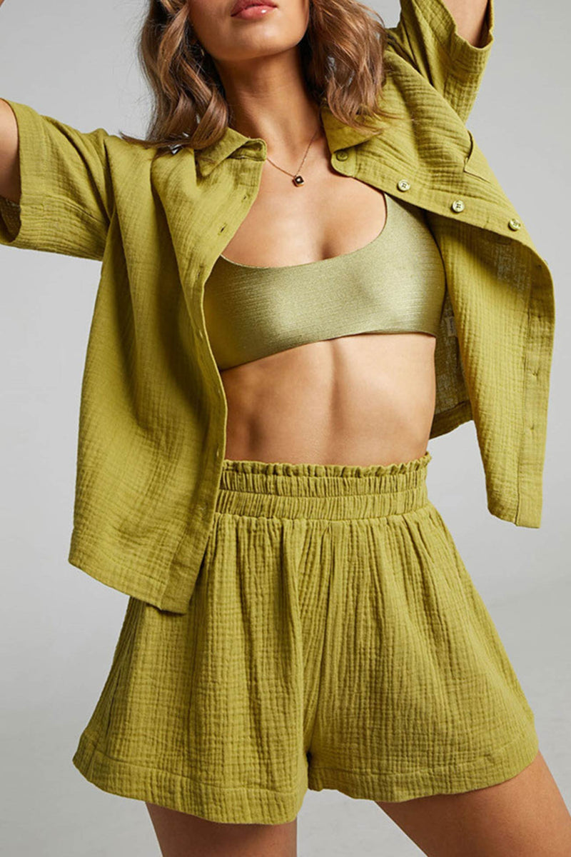 Color Short Sleeve Shirt Cotton Two-piece Shorts Set