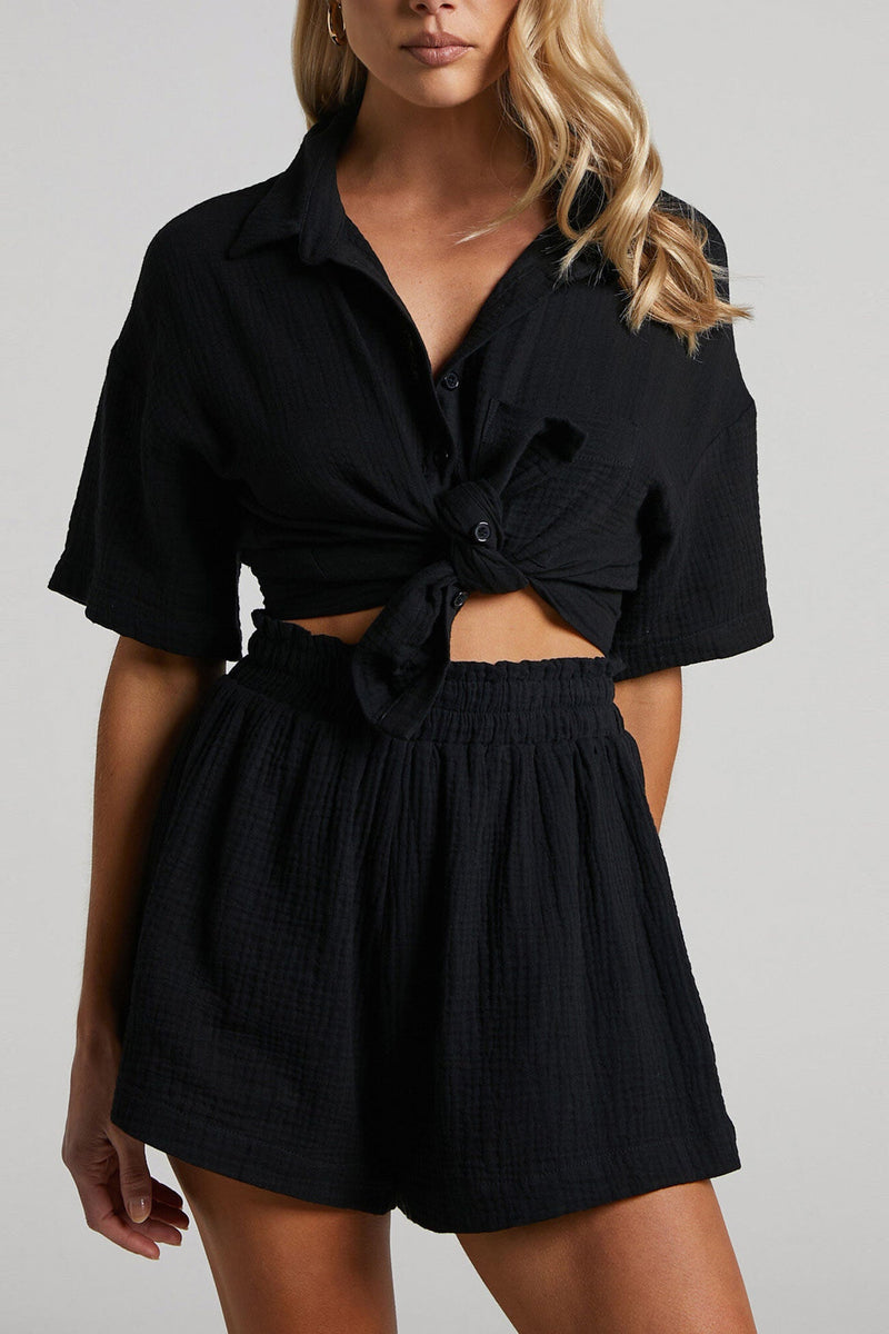 Color Short Sleeve Shirt Cotton Two-piece Shorts Set