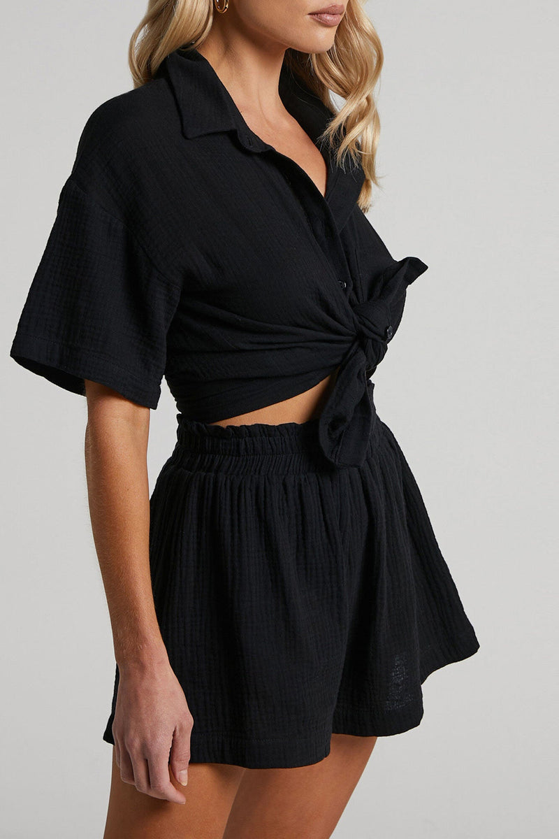 Color Short Sleeve Shirt Cotton Two-piece Shorts Set