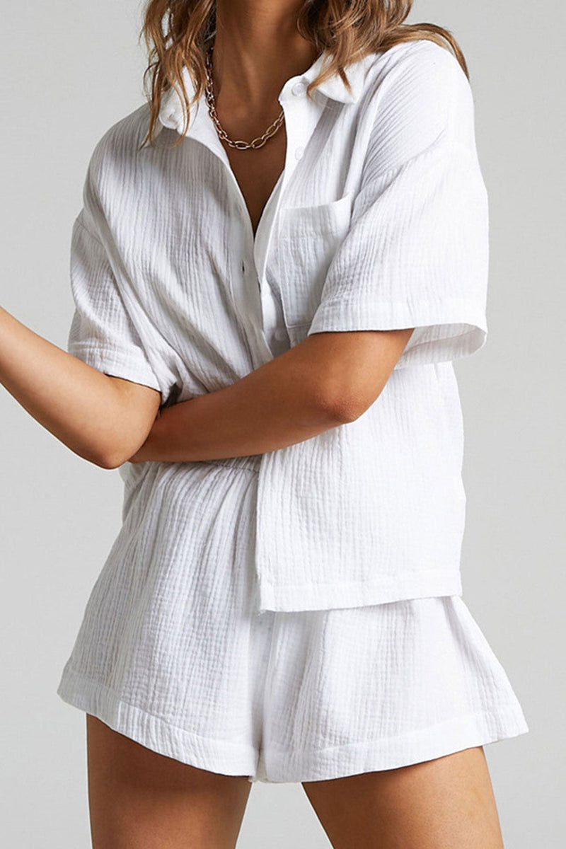 Color Short Sleeve Shirt Cotton Two-piece Shorts Set