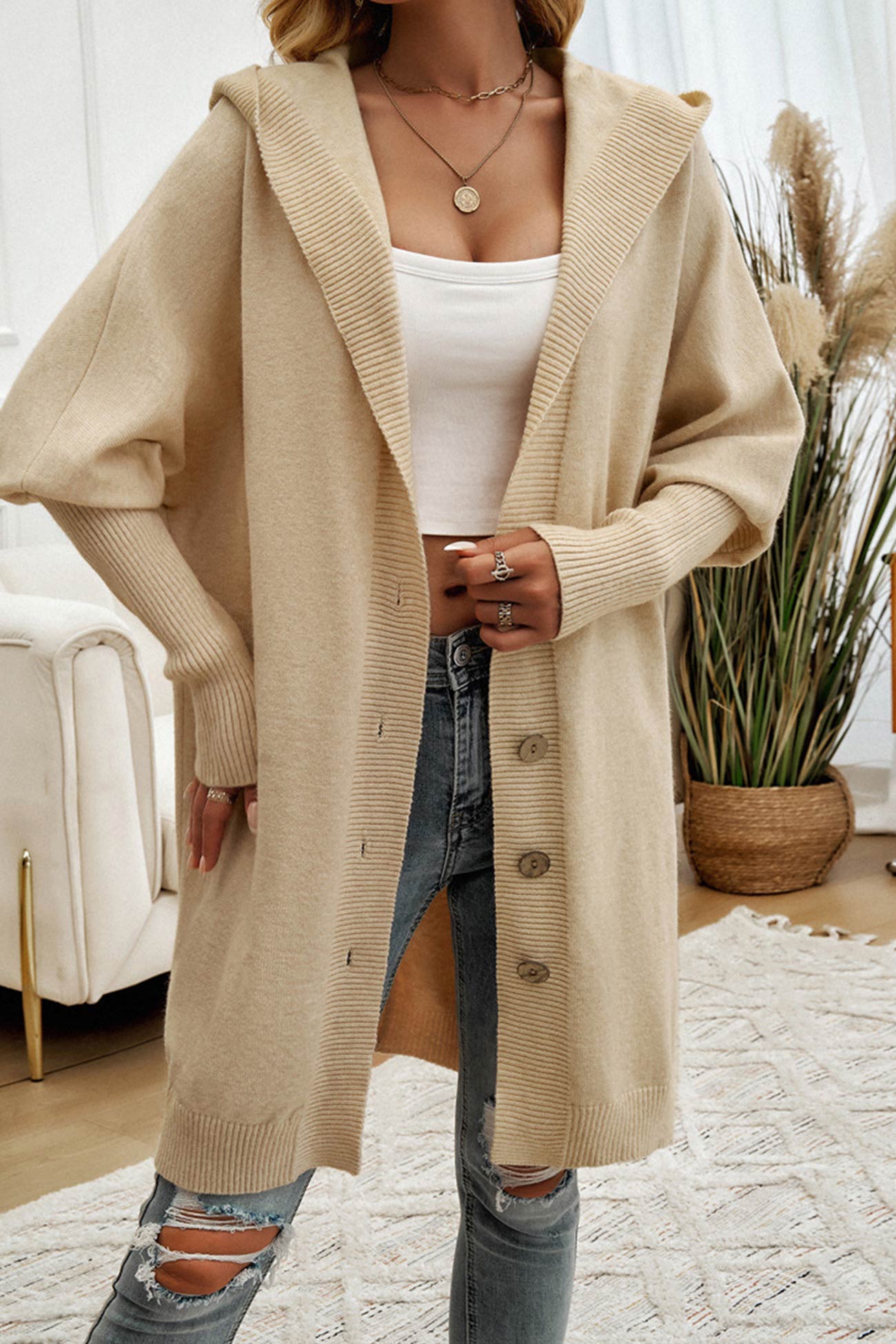 Color Single-breasted Hooded Cardigan
