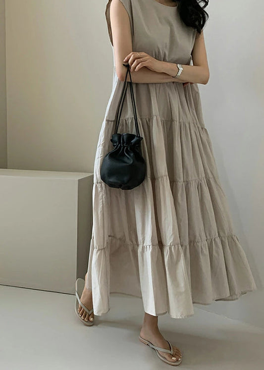 Color Sleeveless V-neck Pleated Layered Lace Up Daily Maxi Dress Apricot Lc0016