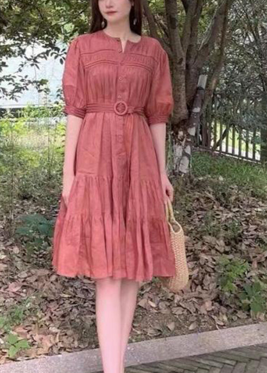 Color Stand Collar Puff Sleeve Belted Pleated Shirt Maxi Dress Orange Lc0026