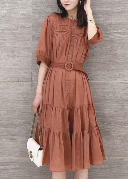 Color Stand Collar Puff Sleeve Belted Pleated Shirt Maxi Dress Orange Lc0026